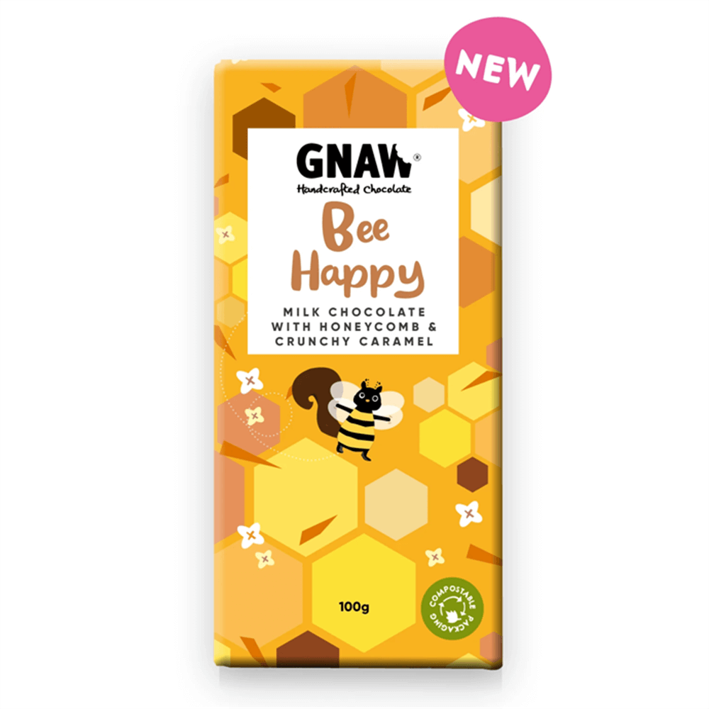 Gnaw Bee Happy Milk Chocolate with Honeycomb & Crunchy Caramel 100g